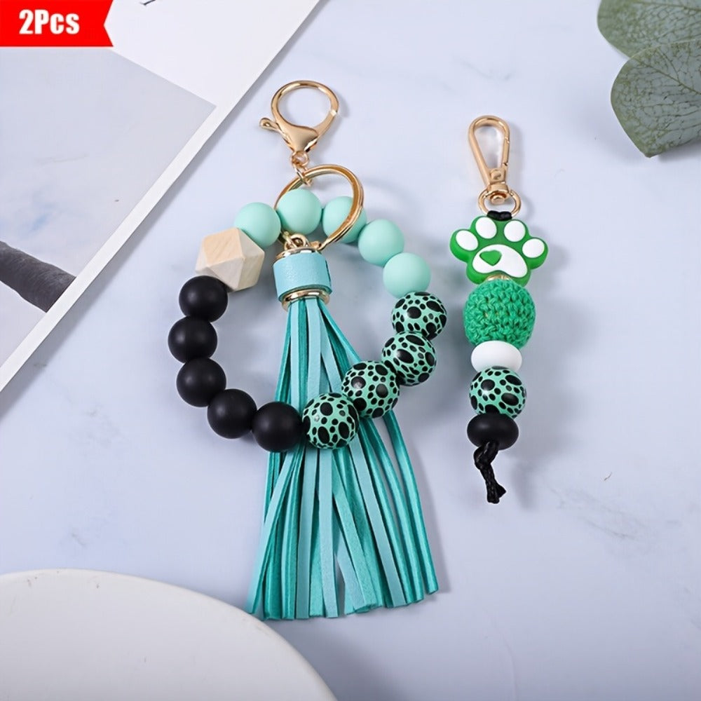 Keychain - Silicone Beaded Set Marble Pattern Handmade Beads PU Tassel Key Ring Bag - product detail view 5