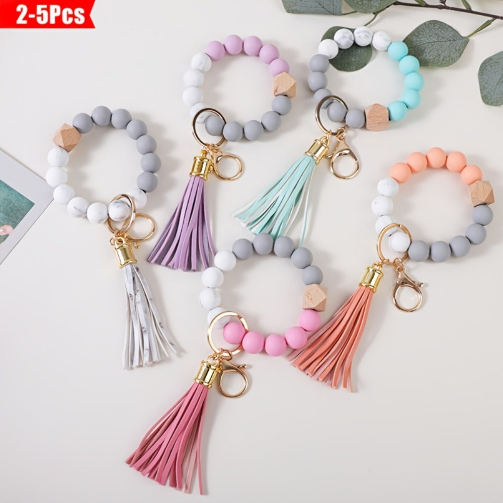 Keychain - Silicone Beaded Set Marble Pattern Handmade Beads PU Tassel Key Ring Bag - product detail view 6