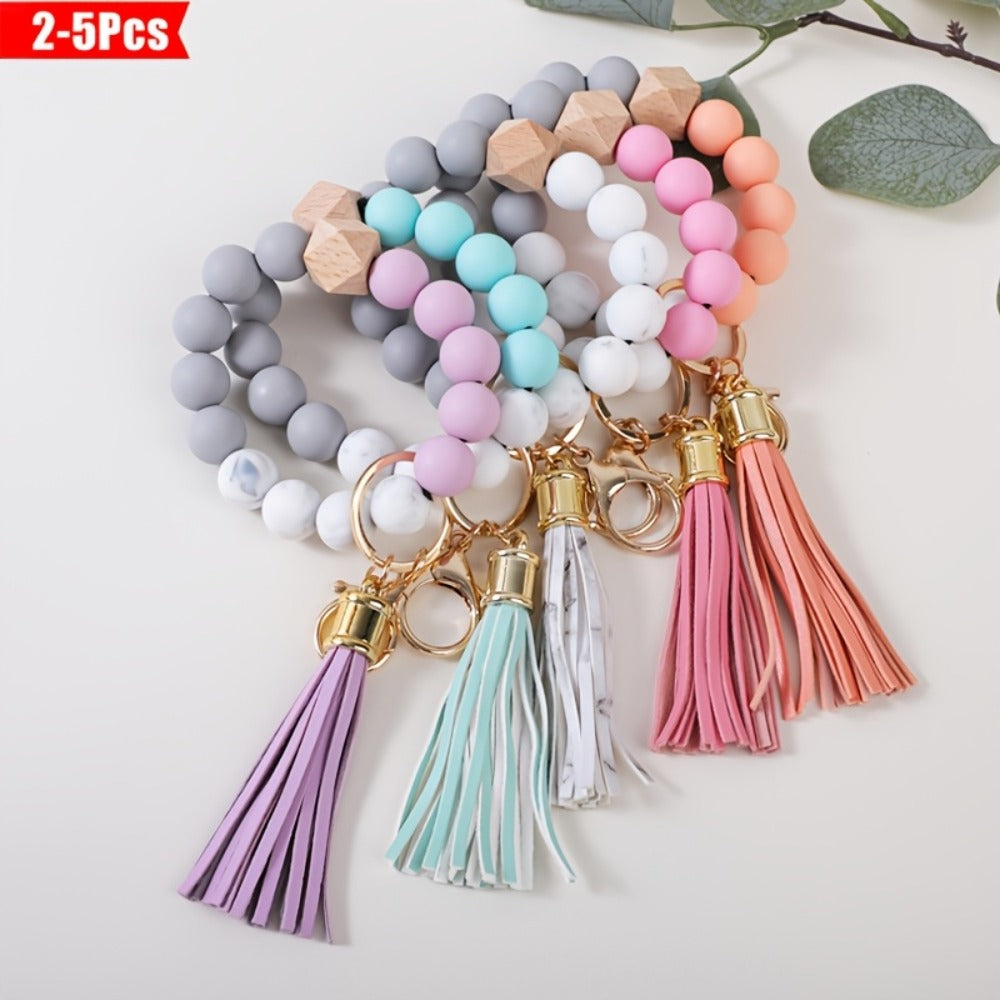 Keychain - Silicone Beaded Set Marble Pattern Handmade Beads PU Tassel Key Ring Bag - product detail view 8
