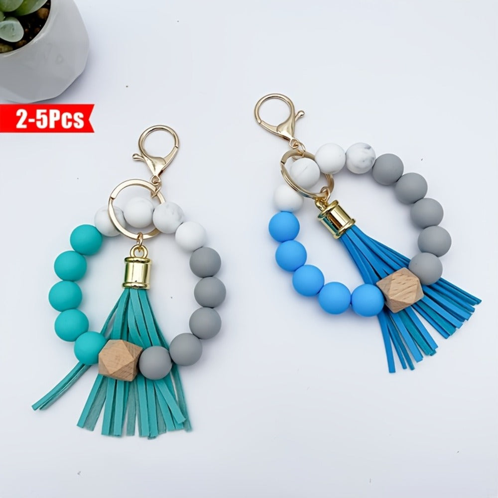 Keychain - Silicone Beaded Set Marble Pattern Handmade Beads PU Tassel Key Ring Bag - product detail view 10