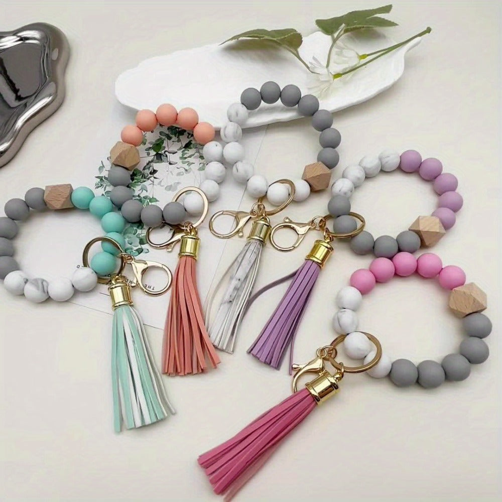 Keychain - Silicone Beaded Set Marble Pattern Handmade Beads PU Tassel Key Ring Bag - product detail view 11