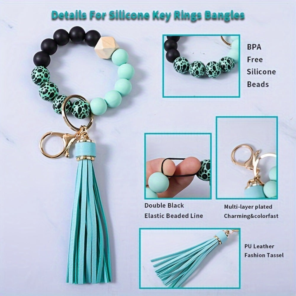 Keychain - Silicone Beaded Set Marble Pattern Handmade Beads PU Tassel Key Ring Bag - product detail view 12