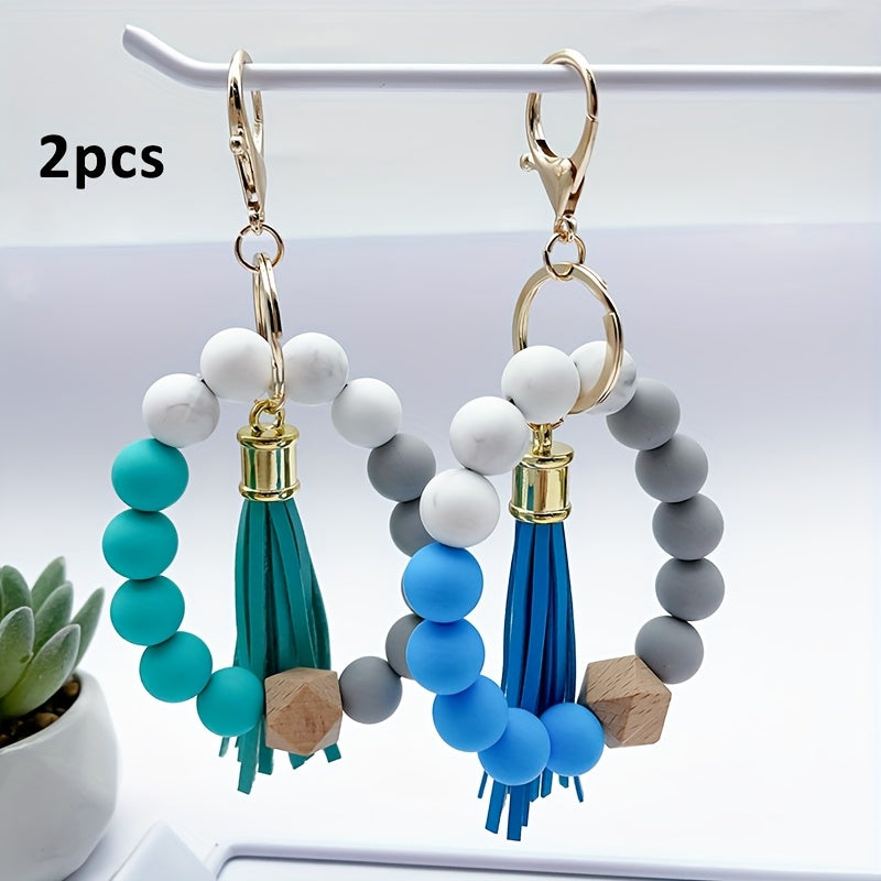 Keychain - Silicone Beaded Set Marble Pattern Handmade Beads PU Tassel Key Ring Bag - product detail view 15