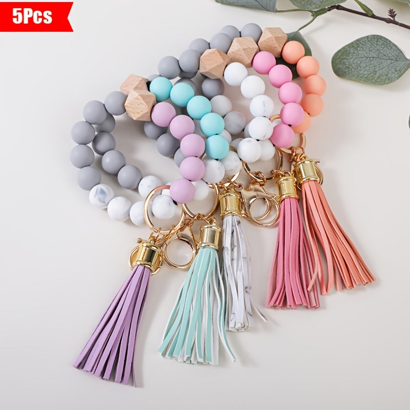 Keychain - Silicone Beaded Set Marble Pattern Handmade Beads PU Tassel Key Ring Bag - product detail view 16