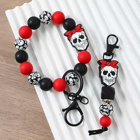 Keychain - Skull Beaded Set 2pcs Handmade Wristband Key Ring with Bag Charm Pendant - main product view
