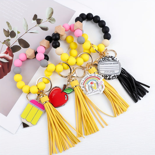 Keychain - Teacher Beaded Wrist Set 4pcs Handmade TEACH Pencil Apple Notebook Charm - main product view