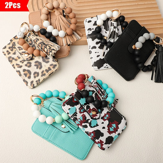 Keychain - Western Beaded & Card Holder Set 2pcs Handmade Boho Wrist Key Ring with - main product view
