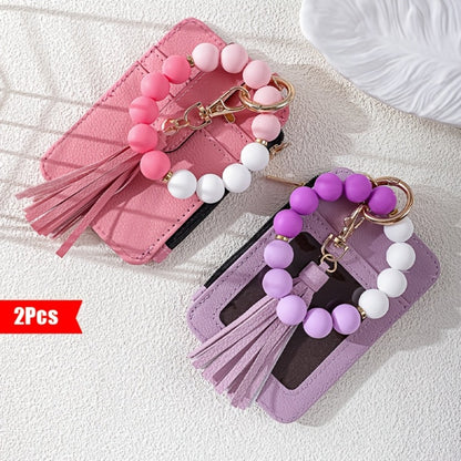 Keychain - Western Beaded & Card Holder Set 2pcs Handmade Boho Wrist Key Ring with - product detail view 5