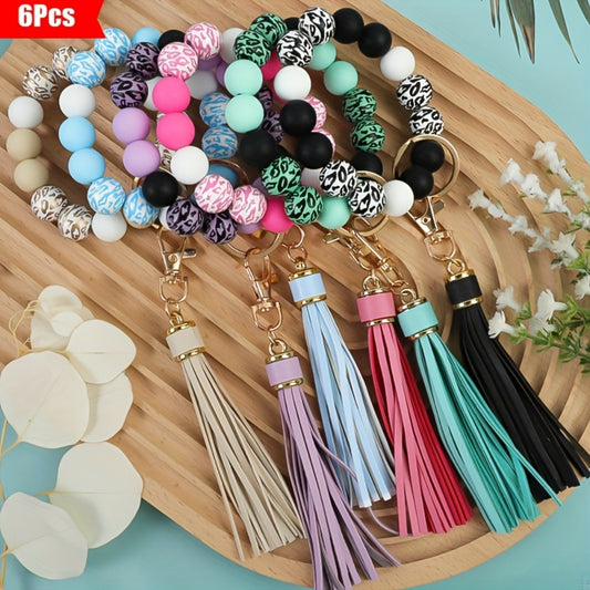 Keychain - Wooden Bead Set 6 Pcs - Leopard Print Tassel Boho for Women, Handmade - main product view
