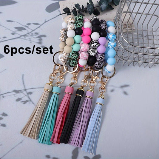 Keychain - Wooden Bead Set 6pcs Boho Tassel Wristband for DIY Jewelry, Handbag Charm - main product view