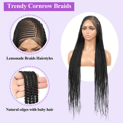 Lace Front Wig - Box Braids Synthetic HD Full 36 Inch - Black Straight Hair for Women - product detail view 7