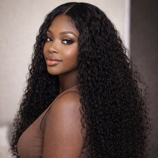 Lace Front Wig - Deep Wave for Women - 24 Inch Water Wave Synthetic Hair, Natural Black - main product view
