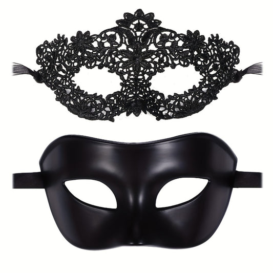 Masquerade Masks - for Couples 2 Pieces Black Venetian Costume Ball Mask Set Halloween - main product view