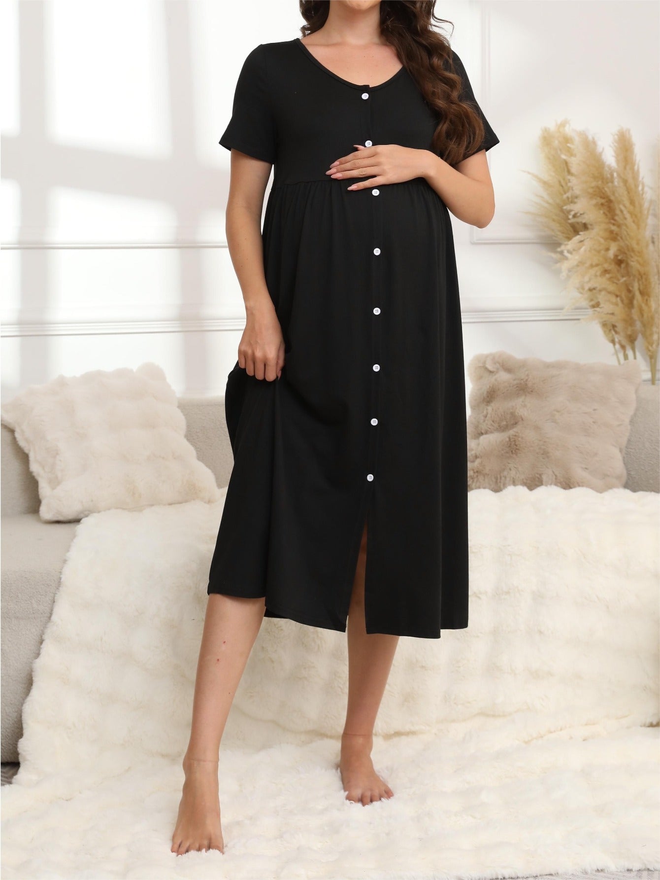 Maternity Maternity Sleepwear – Maternity Nursing Nightgown - Stretch Button-Front Sleep detail view