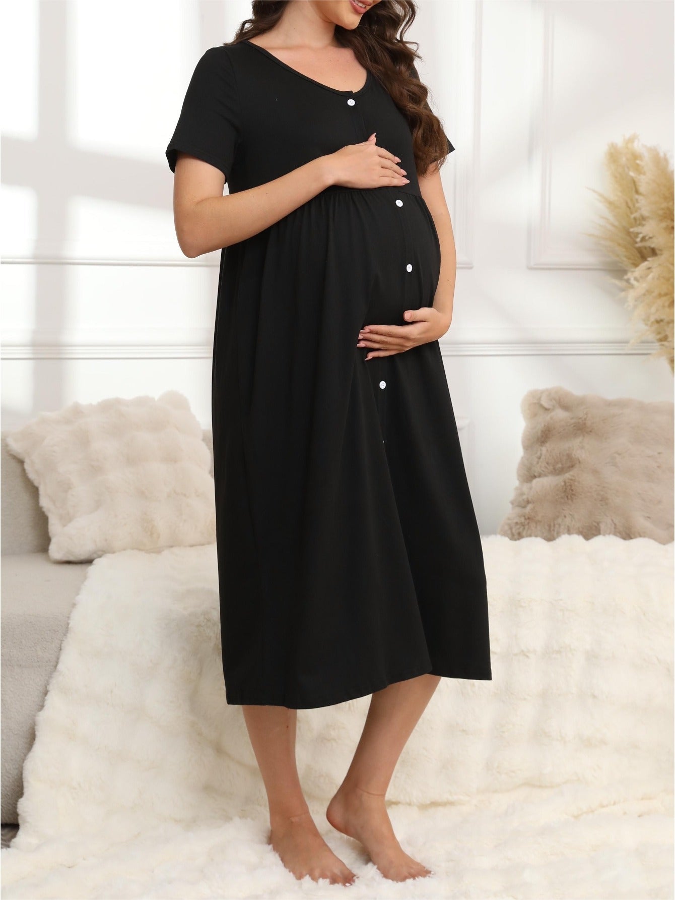 Maternity Maternity Sleepwear – Maternity Nursing Nightgown - Stretch Button-Front Sleep detail view