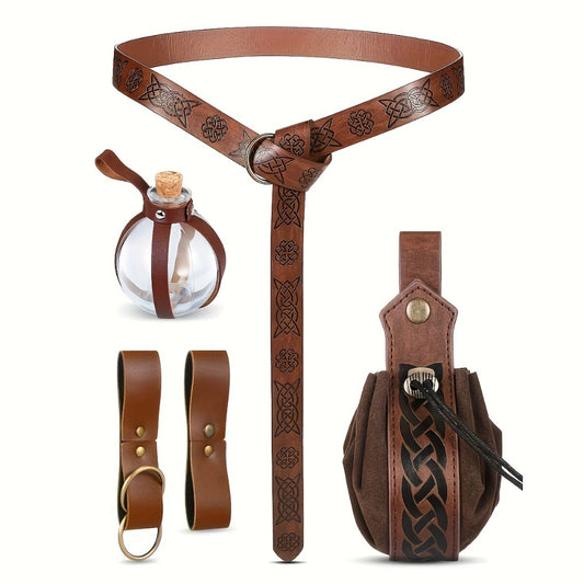 Medieval Belt Sets - Set 5PCS Renaissance Viking Faux Leather Waist , Potion Holder, Pouch & - main product view