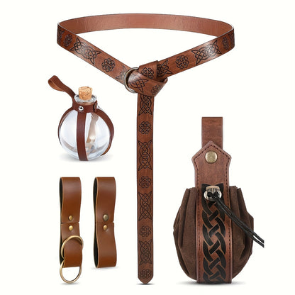 Medieval Belt Sets - Set 5PCS Renaissance Viking Faux Leather Waist , Potion Holder, Pouch & - product detail view 7