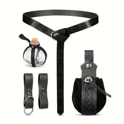 Medieval Belt Sets - Set 5PCS Renaissance Viking Faux Leather Waist , Potion Holder, Pouch & - product detail view 8