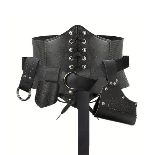 Medieval Costume Sets - Set 5 Pcs Faux Leather Renaissance Belt, Corset & Viking Horn Decoration - main product view