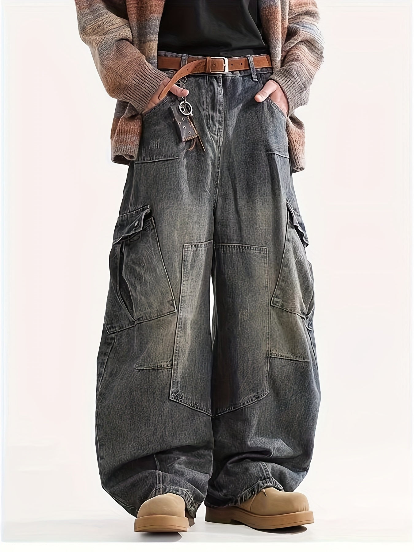 Men's Baggy Jeans - Black Denim Utility Pocket – view 4