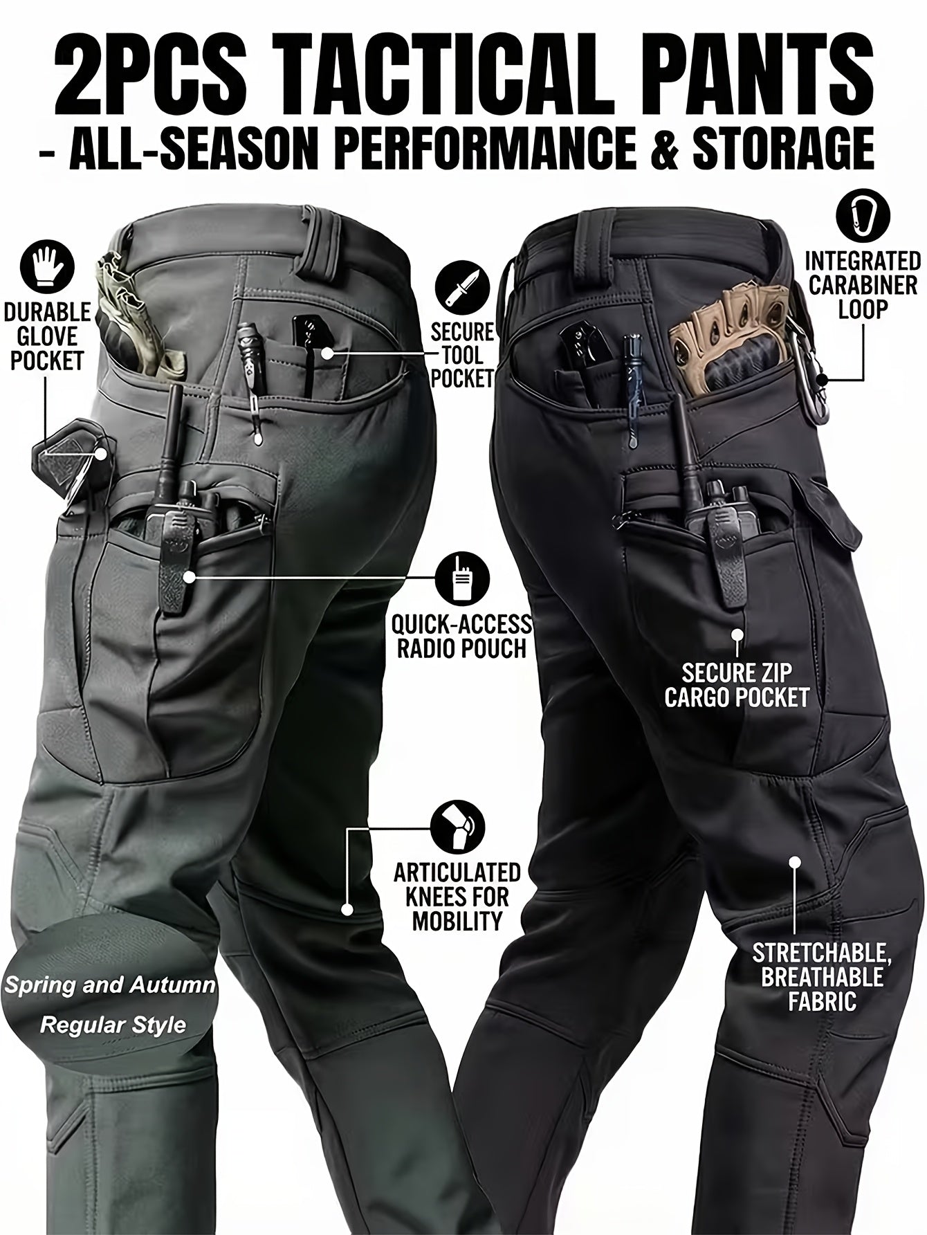 Men's Cargo Pants - Elastic Waist With Pockets – Gray green – view 5