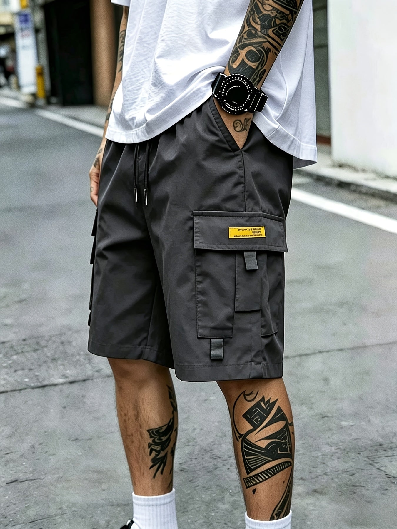 Men's Cargo Shorts - Drawstring Waist With Pockets – Black dark gray – view 5
