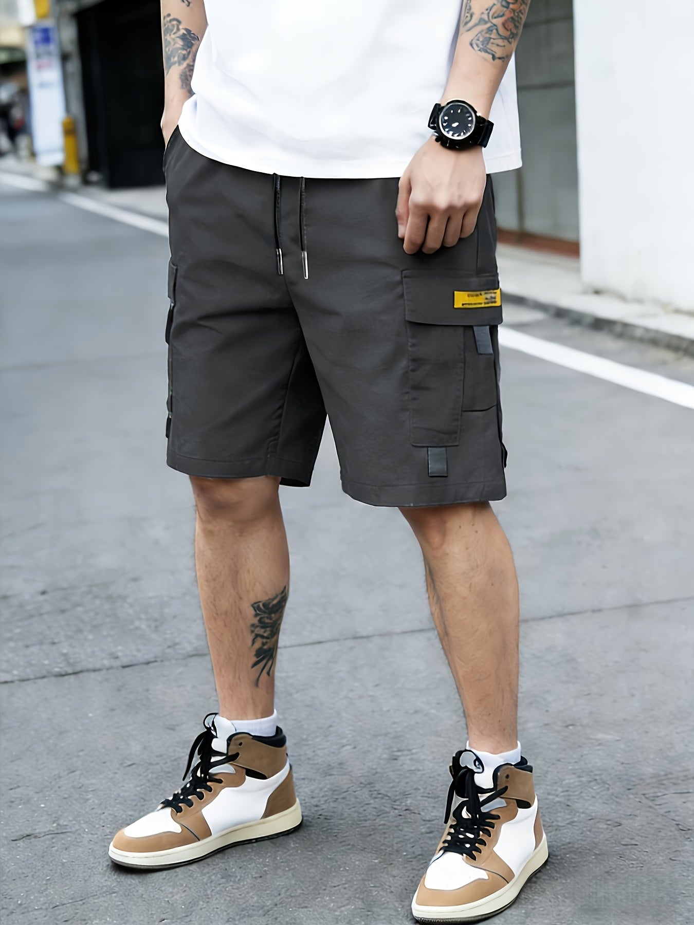 Men's Cargo Shorts - Drawstring Waist With Pockets – Black dark gray – view 6