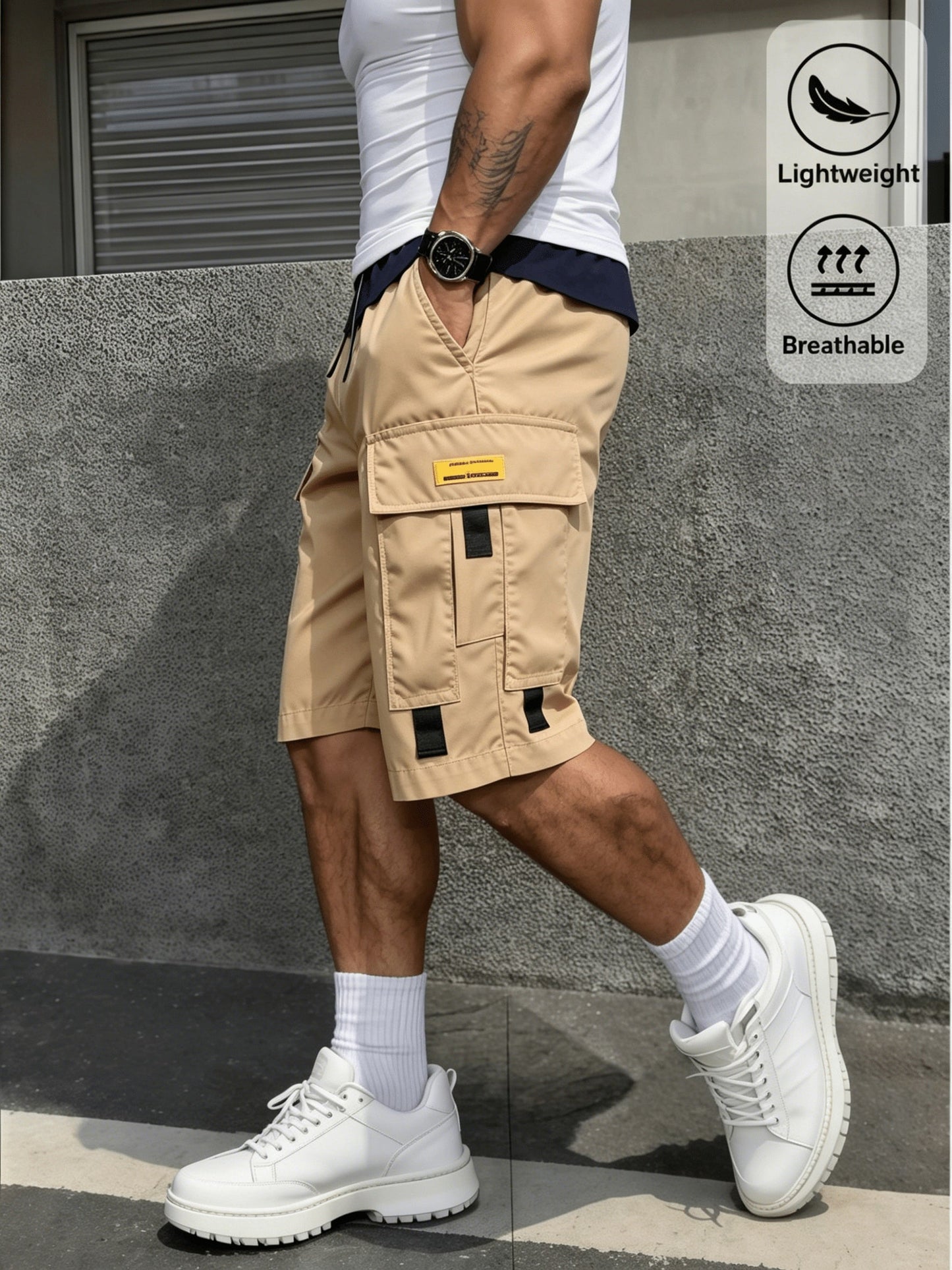 Men's Cargo Shorts - Drawstring Waist With Pockets – Black Gray Blue – view 4