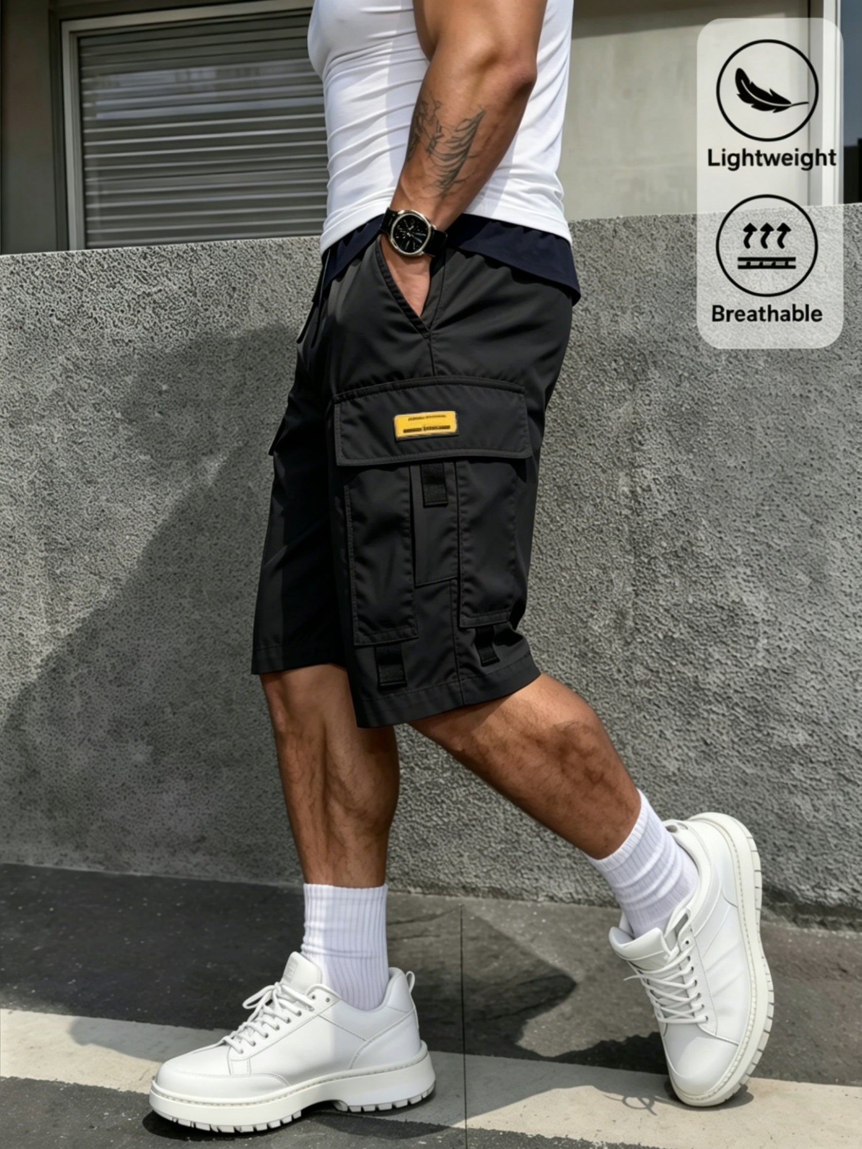 Men's Cargo Shorts - Drawstring Waist With Pockets – Black Gray Blue – view 5