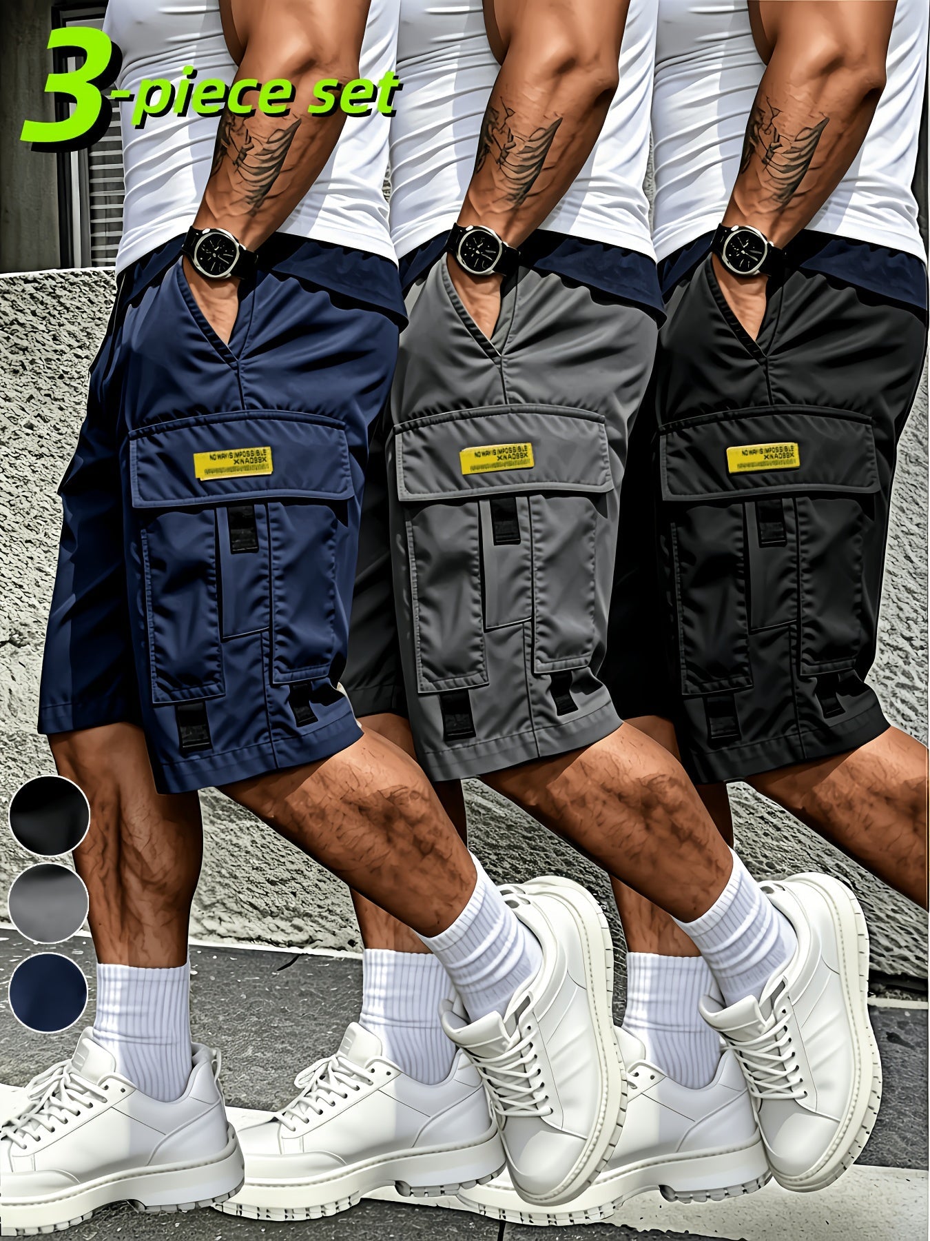 Men's Cargo Shorts - Drawstring Waist With Pockets – Black Gray Blue – Black option – main product image