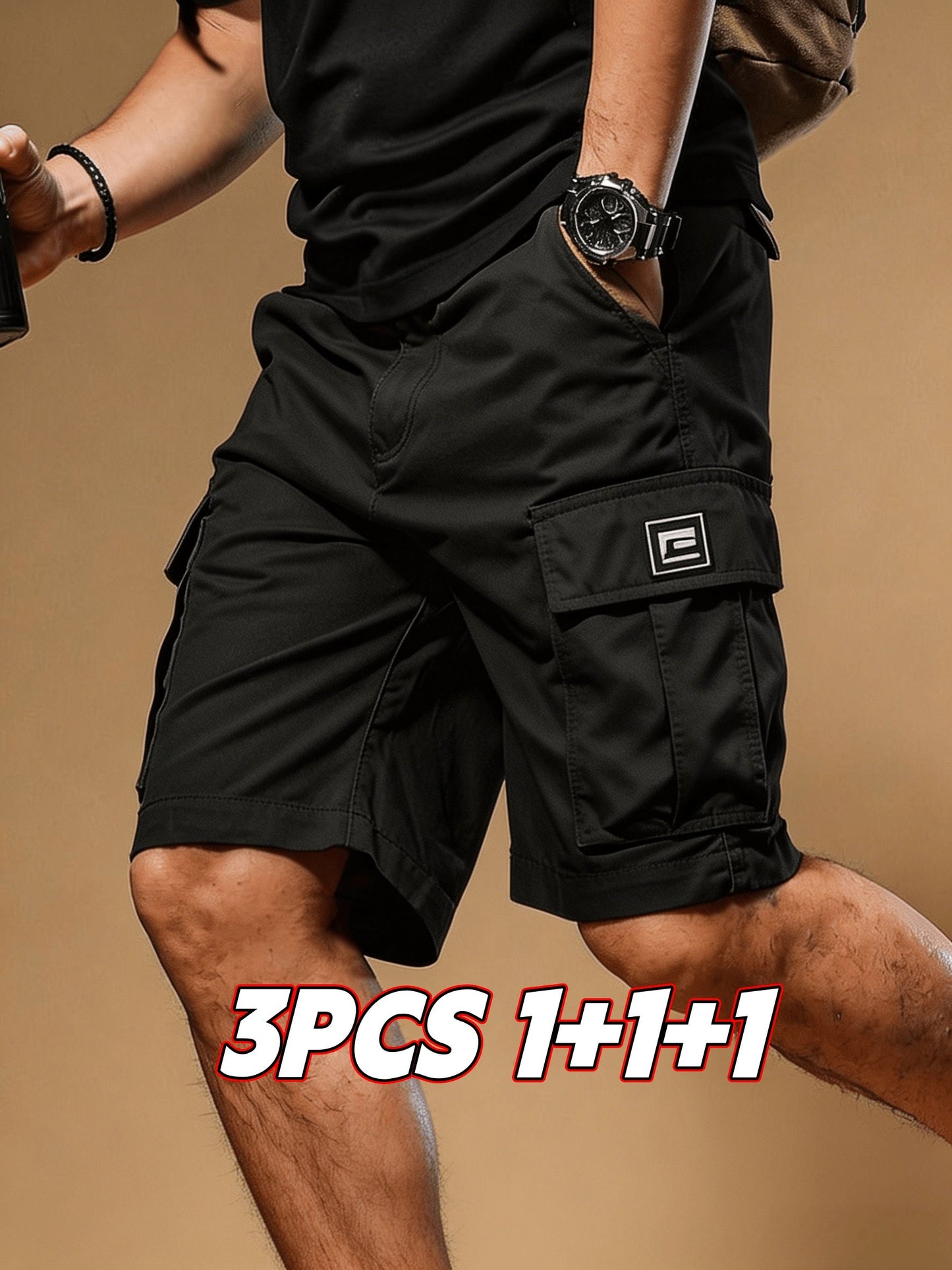 Men's Cargo Shorts - Drawstring Waist With Pockets – Black+gray+khaki – view 4
