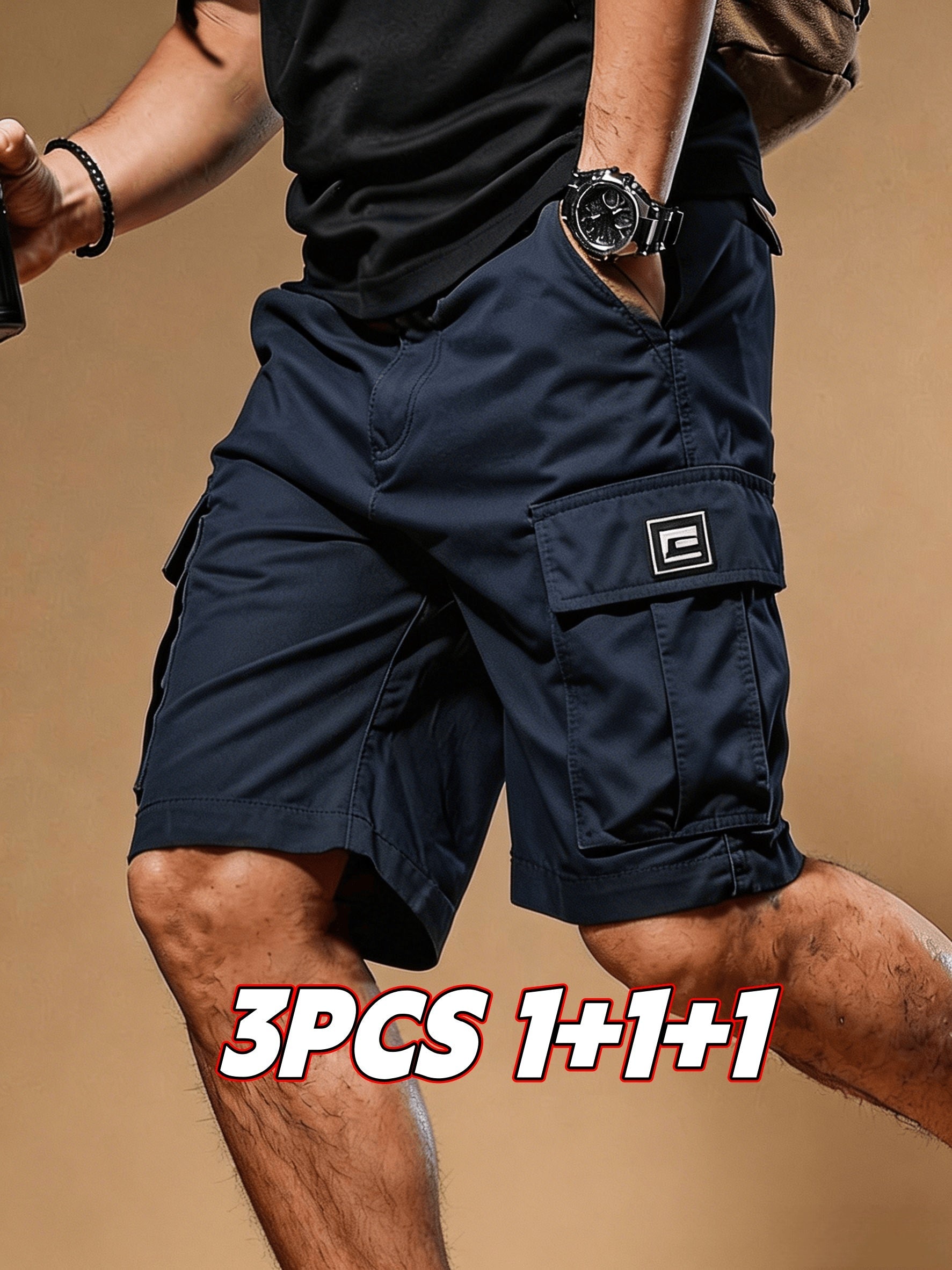 Men's Cargo Shorts - Drawstring Waist With Pockets – Black+gray+khaki – view 7