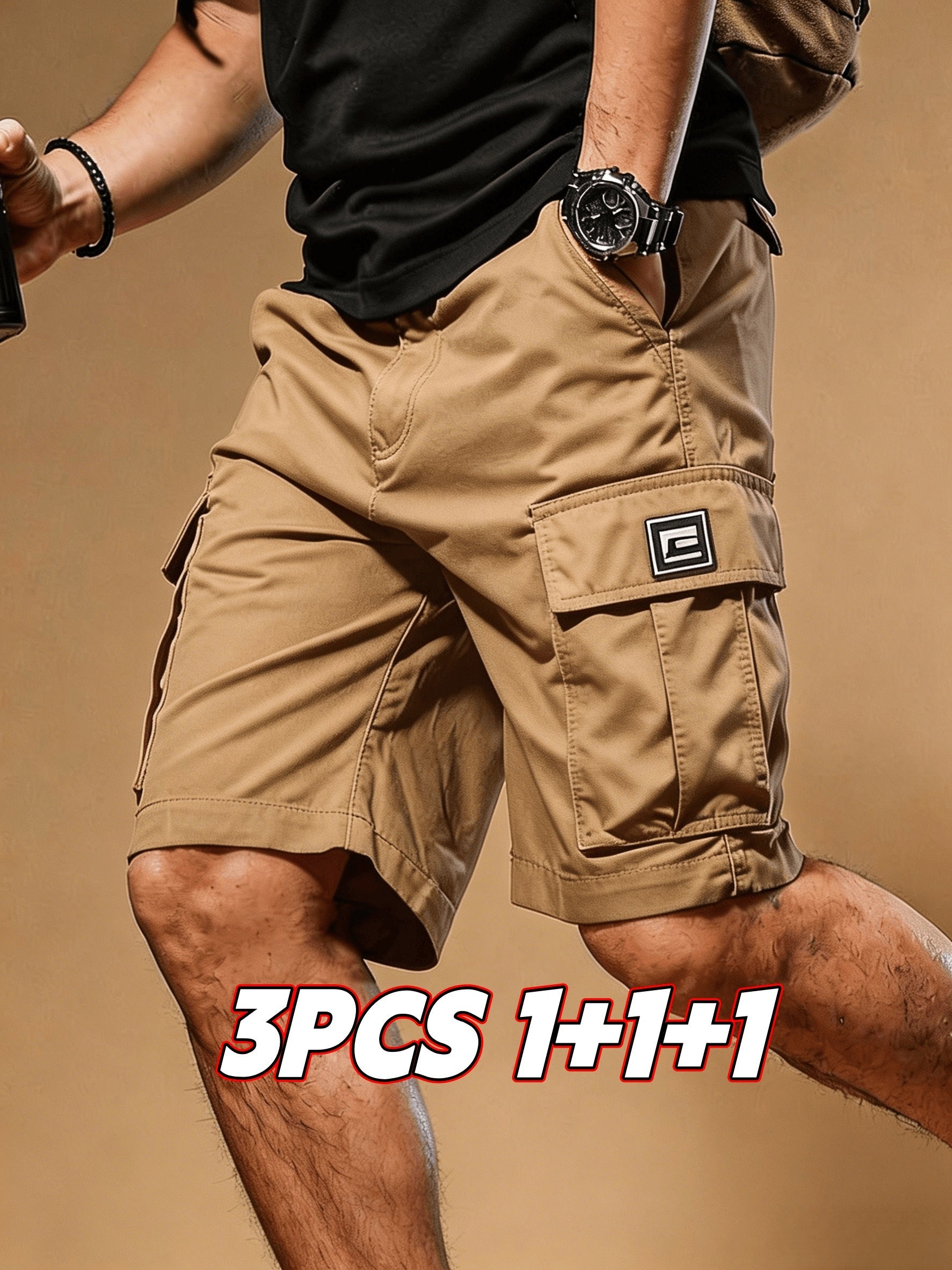 Men's Cargo Shorts - Drawstring Waist With Pockets – Black+gray+khaki – view 11