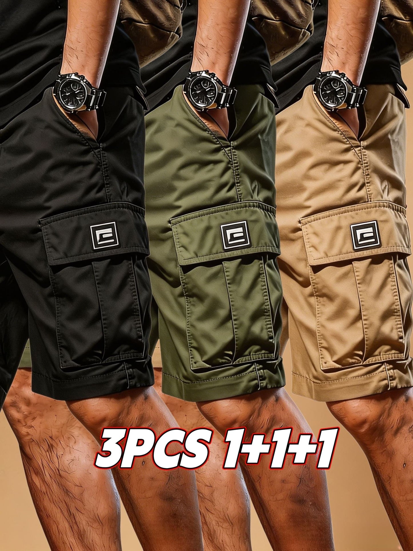 Men's Cargo Shorts - Drawstring Waist With Pockets – Black+gray+khaki – Black option – main product image