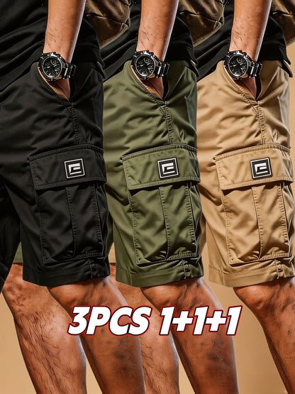 Men's Cargo Shorts - Drawstring Waist With Pockets – Black+gray+khaki – Black option – main product image