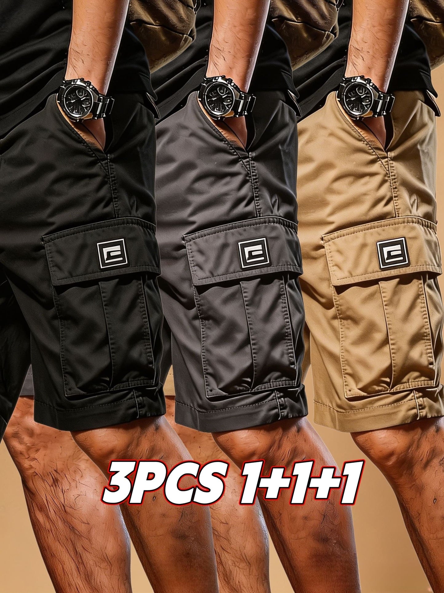 Men's Cargo Shorts - Drawstring Waist With Pockets – Black+gray+khaki – Black option – view 2