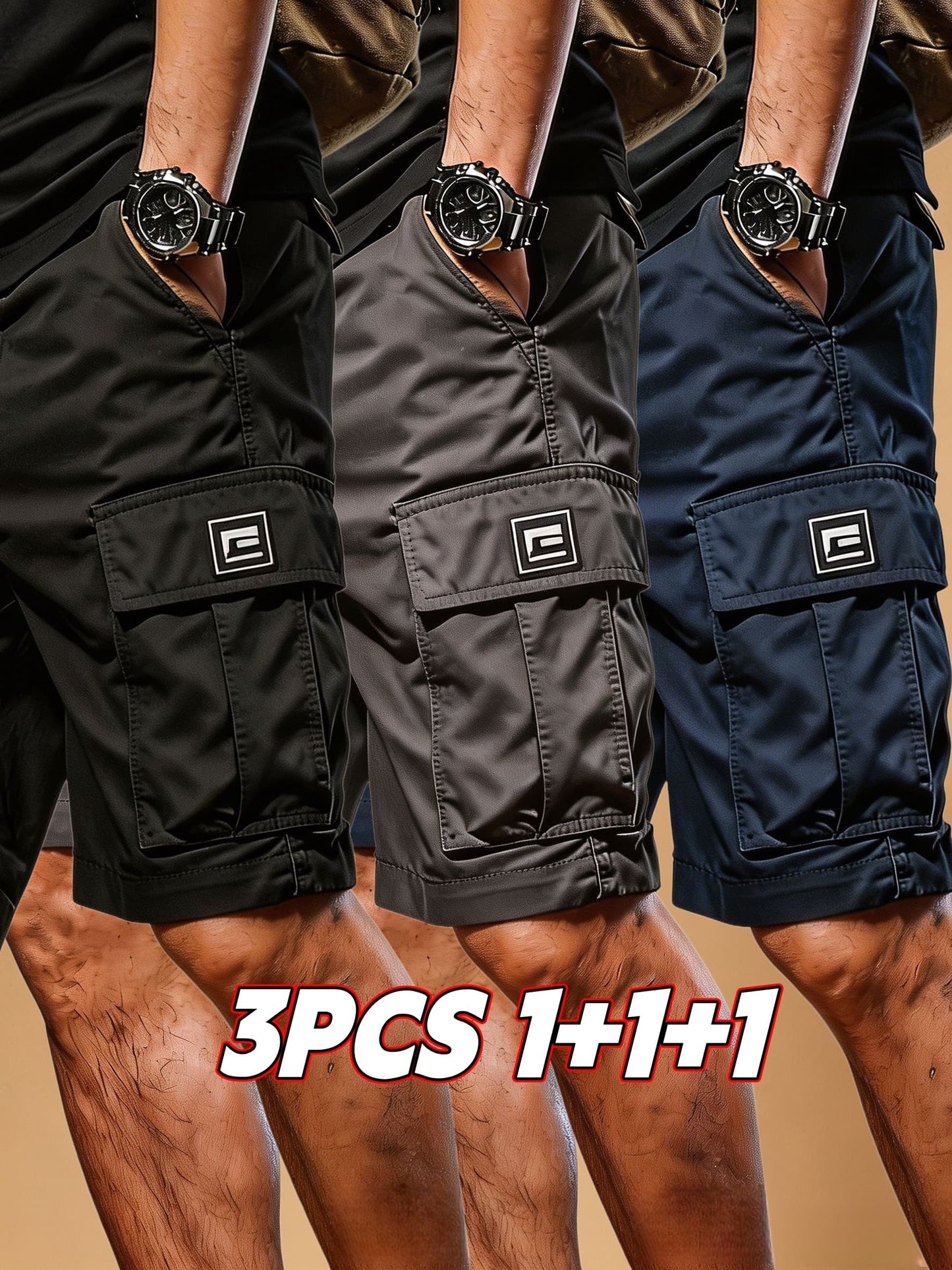 Men's Cargo Shorts - Drawstring Waist With Pockets – Black+gray+khaki – Black option – view 3