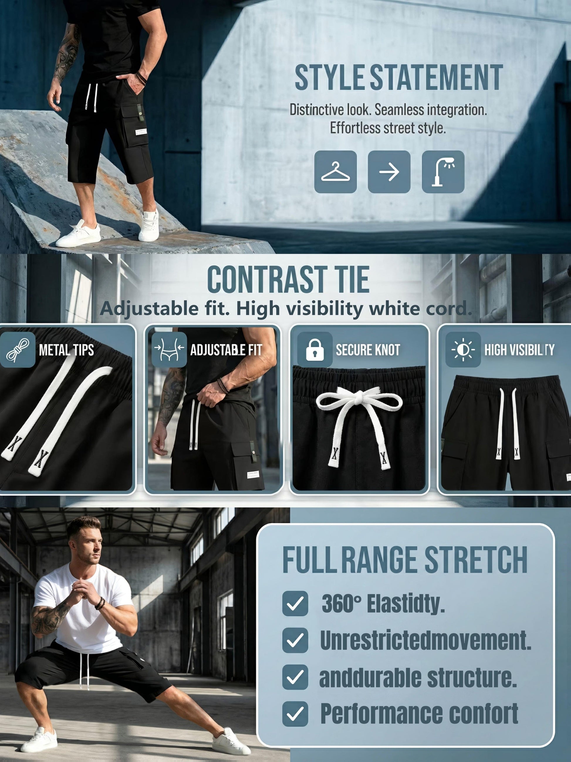 Men's Cargo Shorts - Multi Pocket – Black & gray & khaki / 5-Variant Selection – view 4