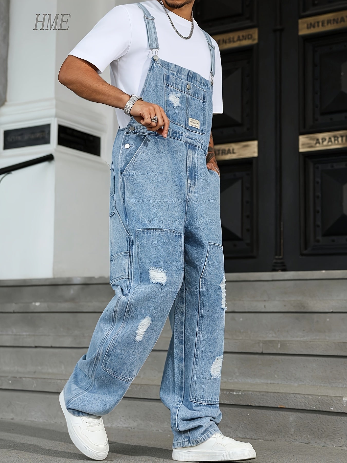 Men's Denim Overalls - Pocket Detail – Light Blue – view 4