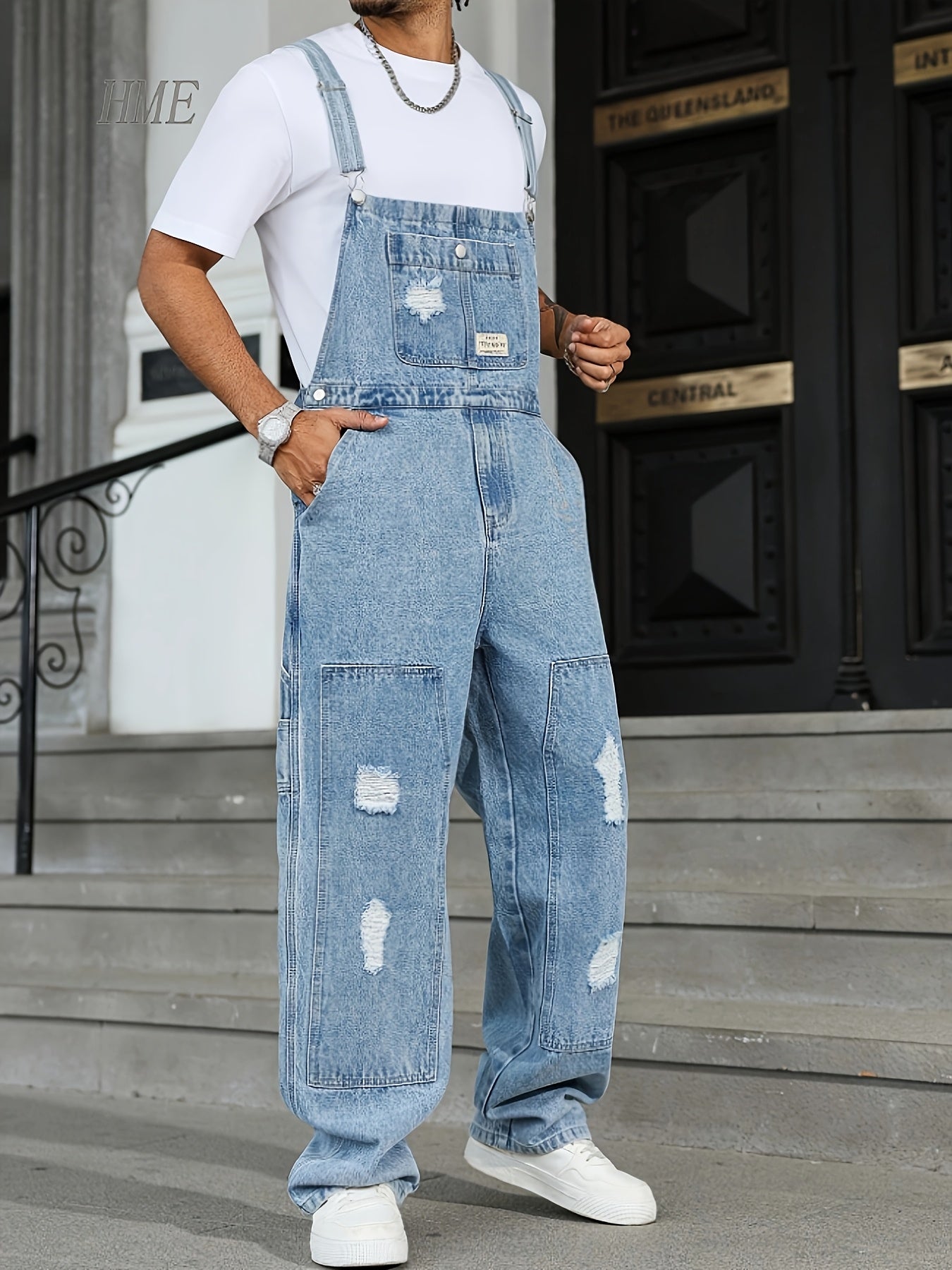 Men's Denim Overalls - Pocket Detail – Light Blue – view 5