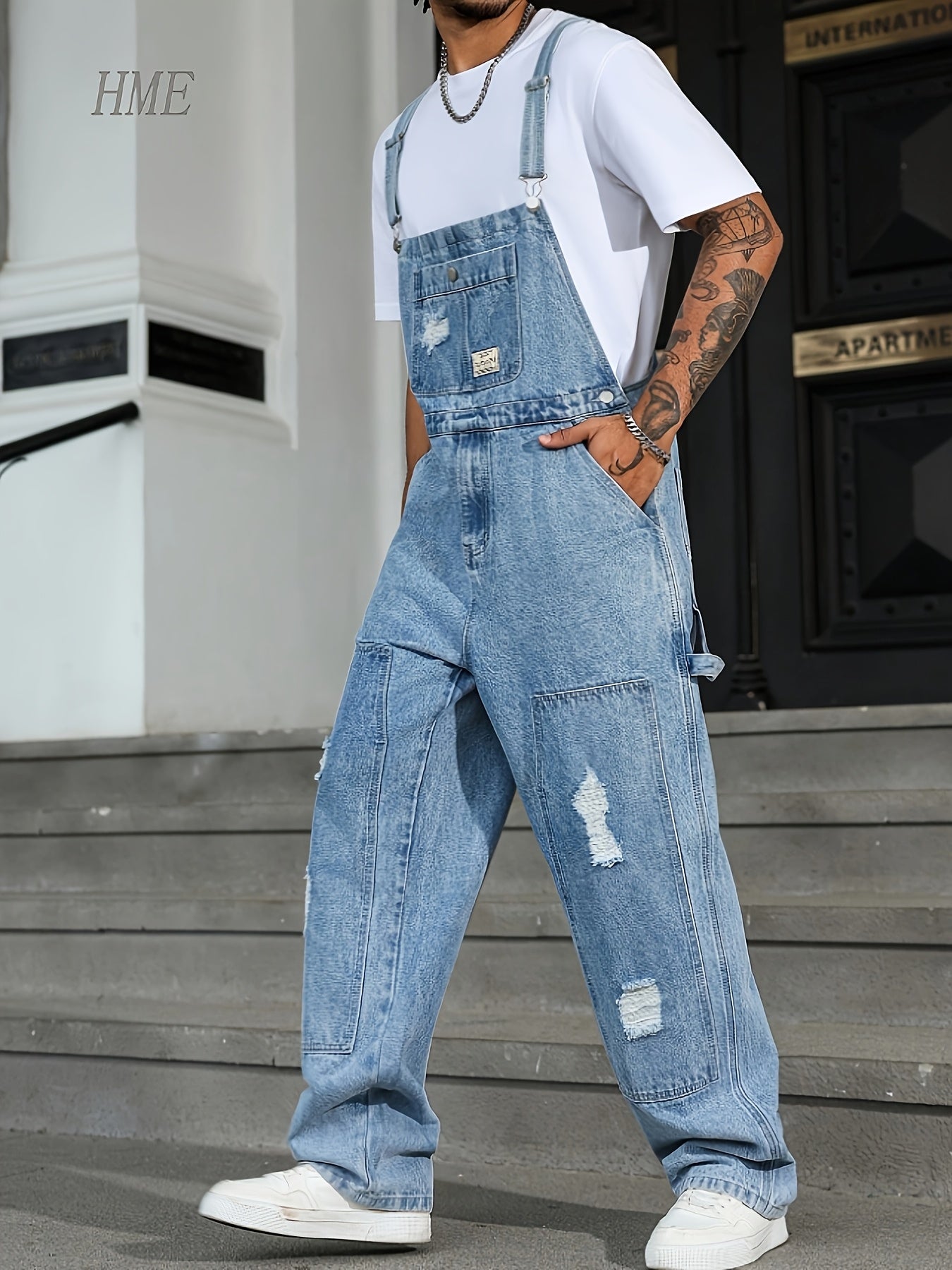 Men's Denim Overalls - Pocket Detail – Light Blue – view 6