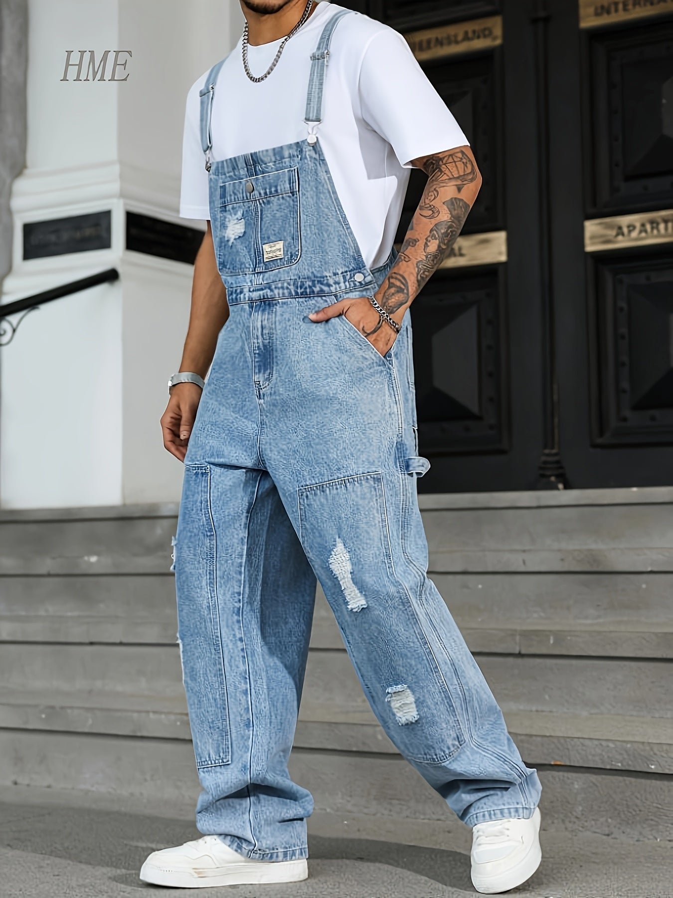 Men's Denim Overalls - Pocket Detail – Light Blue – view 7