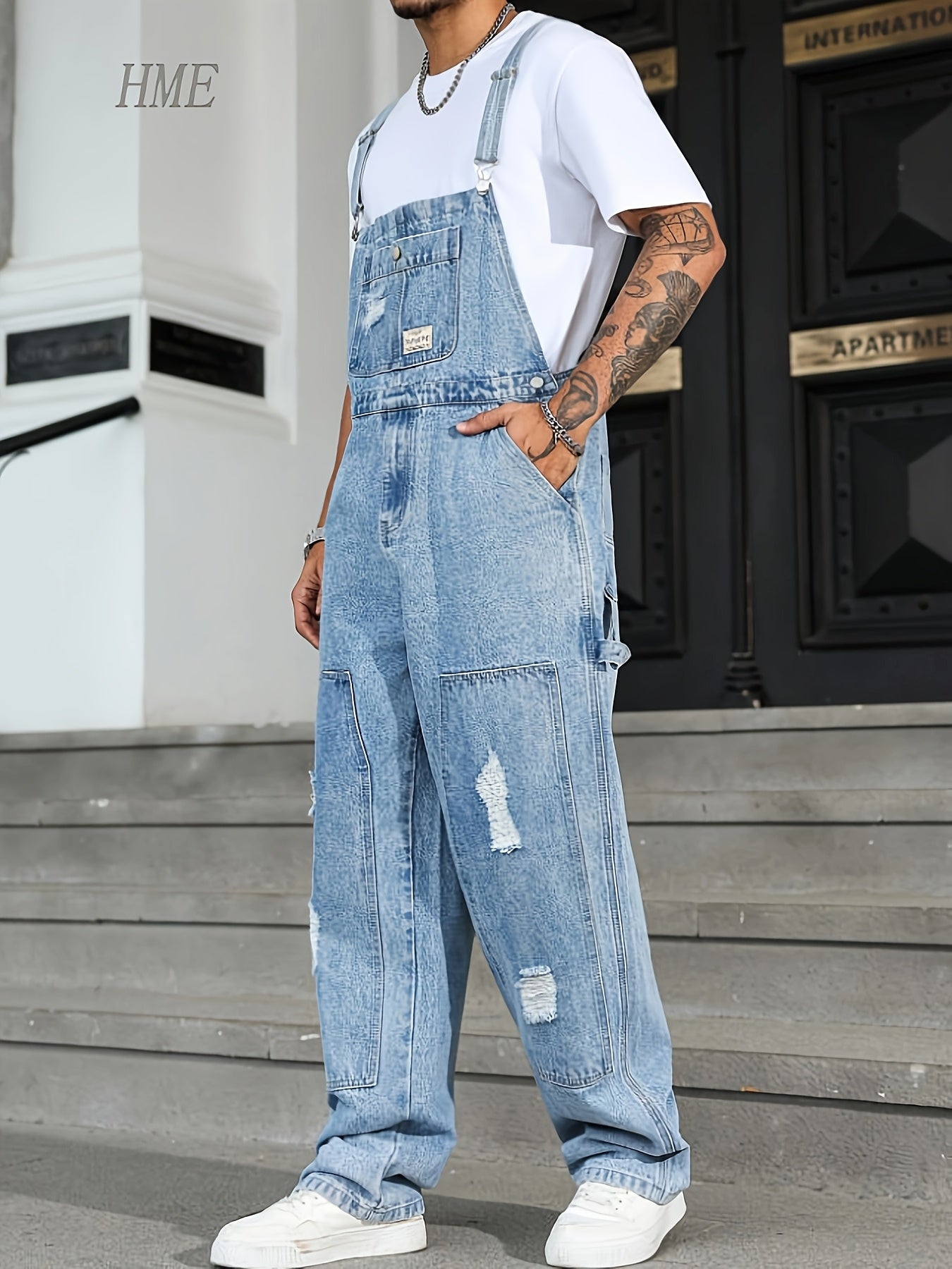 Men's Denim Overalls - Pocket Detail – Light Blue – view 9