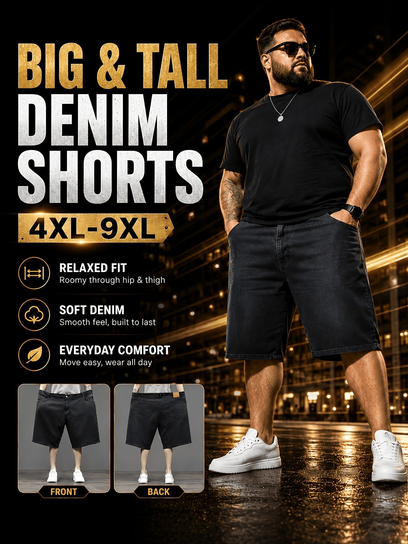 Men's Denim Shorts - Relaxed Fit With Pockets – Black option – main product image