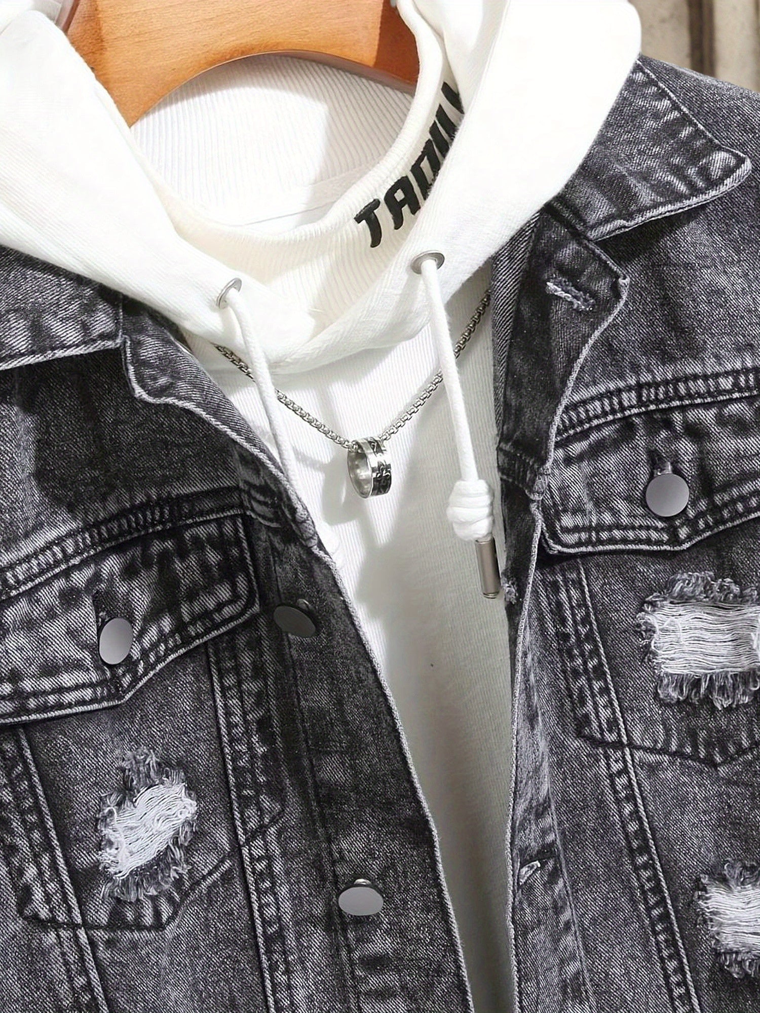 Men's Distressed Black Denim Jacket – Button-Front Ripped Style – view 3
