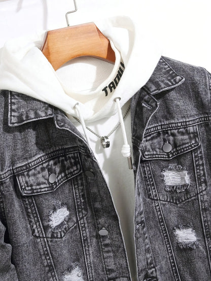 Men's Distressed Black Denim Jacket – Button-Front Ripped Style – view 5