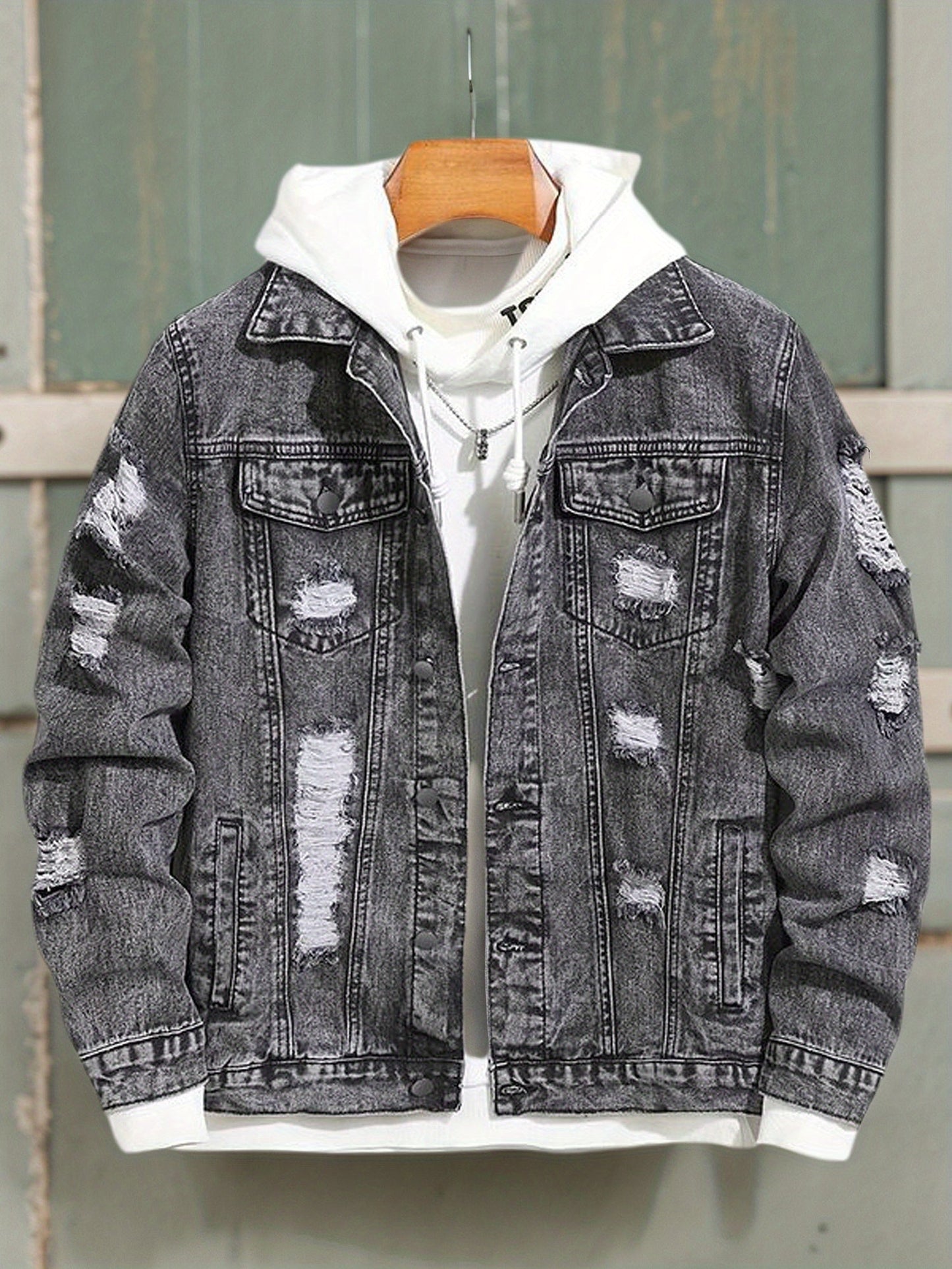 Men's Distressed Black Denim Jacket – Button-Front Ripped Style – view 7