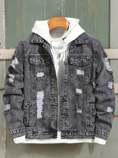 Men's Distressed Black Denim Jacket – Button-Front Ripped Style – view 7