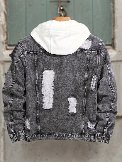 Men's Distressed Black Denim Jacket – Button-Front Ripped Style – view 8