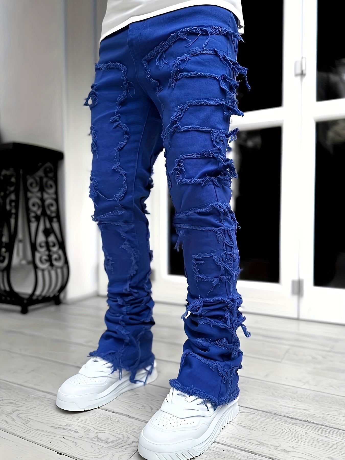 Men's Distressed Fringe-Hem Jeans - Washed Blue Stretch Denim Look – view 9